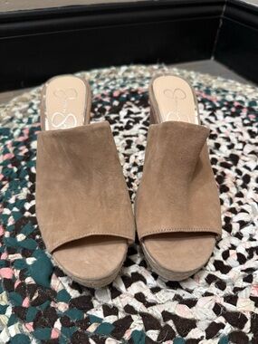Jessica Simpson Tan Suede Open-Toe Wedge Mules